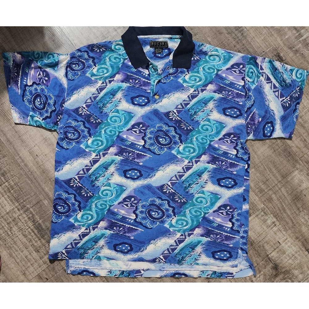 Vintage Bogari Studio Abstract Geometric Blue Medium Polo Shirt